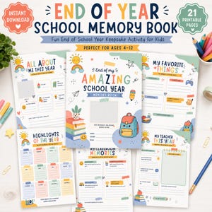 Könnte beinhalten: Ein Set aus druckbaren Seiten für ein Schul-Erinnerungsbuch mit bunten Illustrationen von Regenbögen, Büchern und Schulsachen. Die Seiten enthalten Text wie End of Year School Memory Book, All About Me This Year, My Favorite Things, Highlights of the Year, My Classroom Memories und My Teacher This Year.
