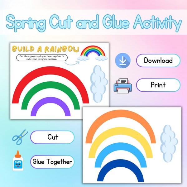 Spring Cut & Glue Activity, Cut and Glue Build a Rainbow Activity, Kids Preschool Activities, Fine Motor Skills Activity, Scissor Skills