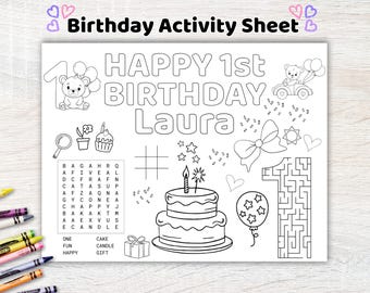 1st Birthday Activity Sheet, Editable Coloring Toddler Placemat, First Birthday Activity Placemat, Printable Party Game, 1 Year Old Birthday