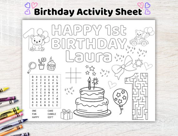 1st Birthday Activity Sheet, Editable Coloring Toddler Placemat, First Birthday Activity Placemat, Printable Party Game, 1 Year Old Birthday