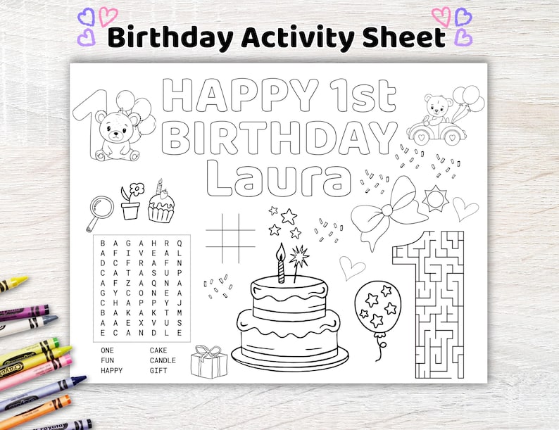 Puede incluir: Hoja de actividades de cumplea&ntilde;os en blanco y negro con el texto "Birthday Activity Sheet" y "HAPPY 1st BIRTHDAY Laura". Incluye ilustraciones de una tarta, osos de peluche, un laberinto y una sopa de letras.