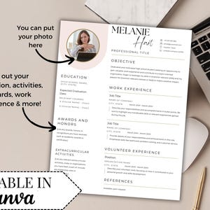 May include: A white resume template with black text featuring sections for education, work experience, awards, and volunteer experience. The document includes a circular placeholder for a photo and the name Melanie Hart at the top right.