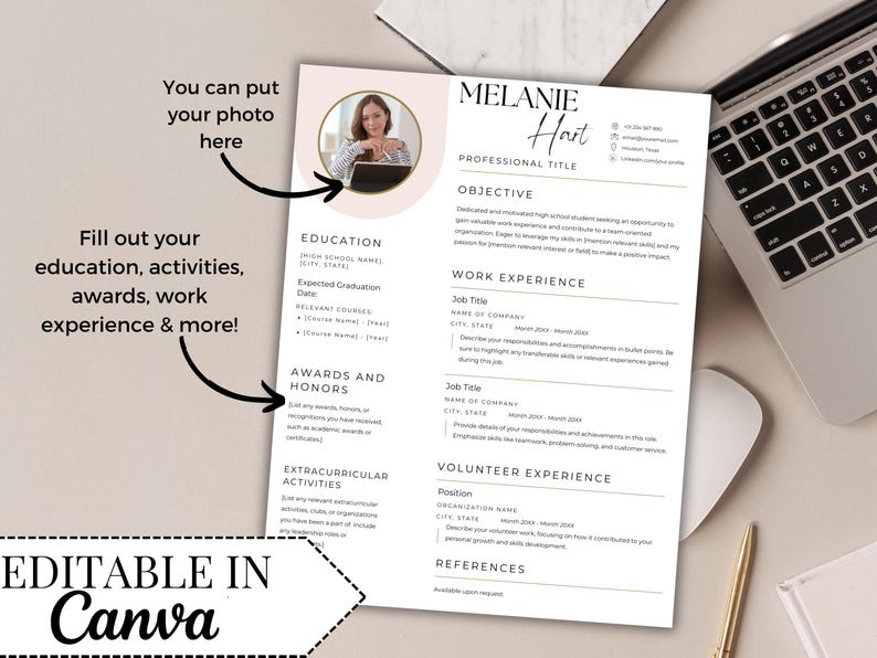 May include: A white resume template with black text featuring sections for education, work experience, awards, and volunteer experience. The document includes a circular placeholder for a photo and the name Melanie Hart at the top right.