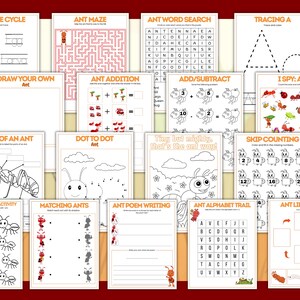 May include: A collection of printable educational worksheets with an ant theme. The pages feature activities like mazes, word searches, addition, subtraction, and tracing. The worksheets are primarily black and white with red accents, designed for children.