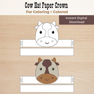Cow Paper Hat Crown Craft, Cow Coloring Craft Paper Crown Template, Wild West Costume, Animal Paper Crown Cow Craft Cow Birthday Party Favor