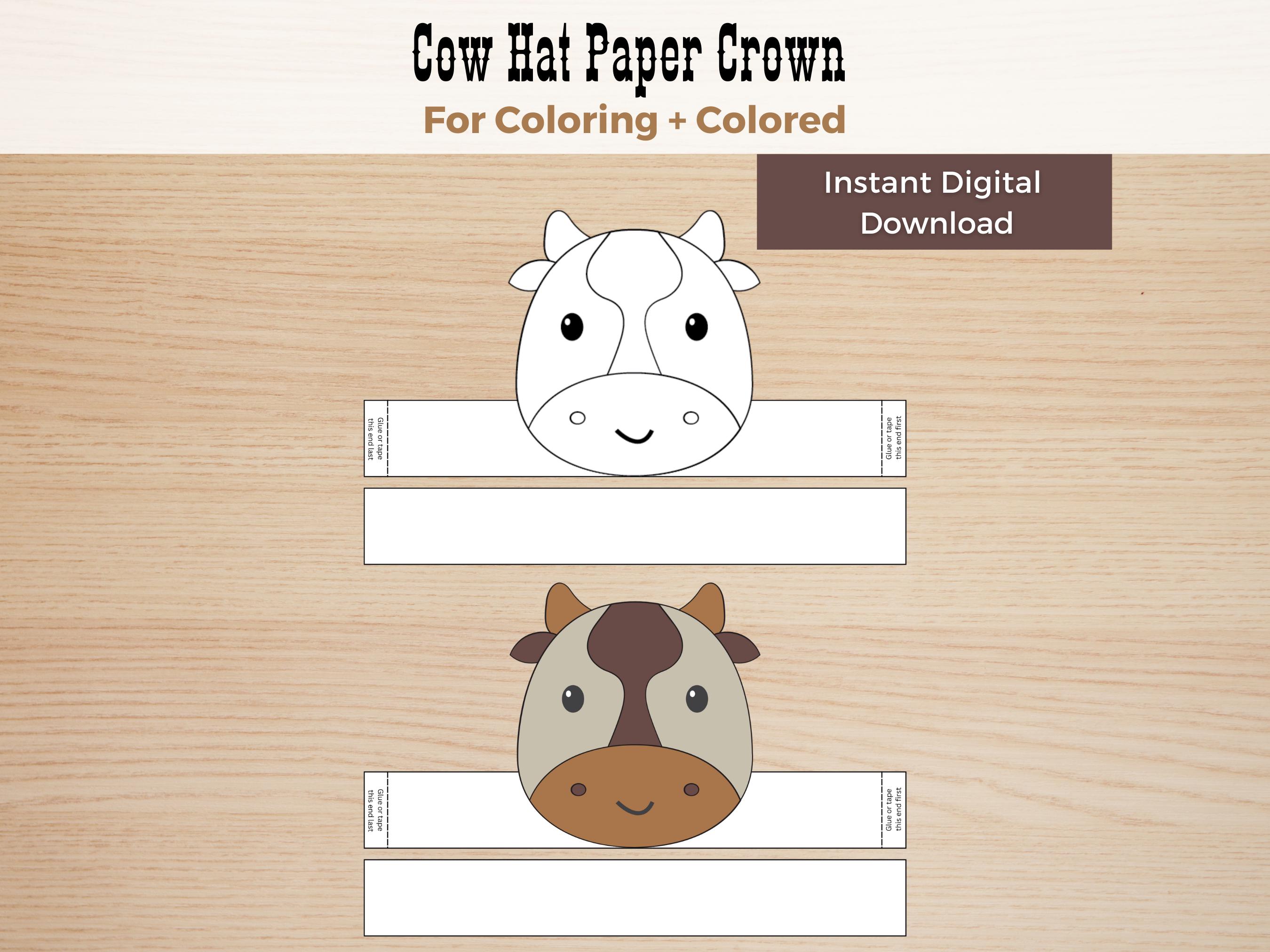 Cow Paper Hat Crown Craft, Cow Coloring Craft Paper Crown Template, Wild West Costume, Animal Paper Crown Cow Craft Cow Birthday Party Favor