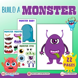 Pode incluir: Um conjunto imprimível colorido intitulado "Build a Monster" com partes do corpo de monstros, incluindo bocas e olhos. O conjunto inclui um monstro roxo com um olho e uma língua verde. As palavras "22 páginas" são visíveis.