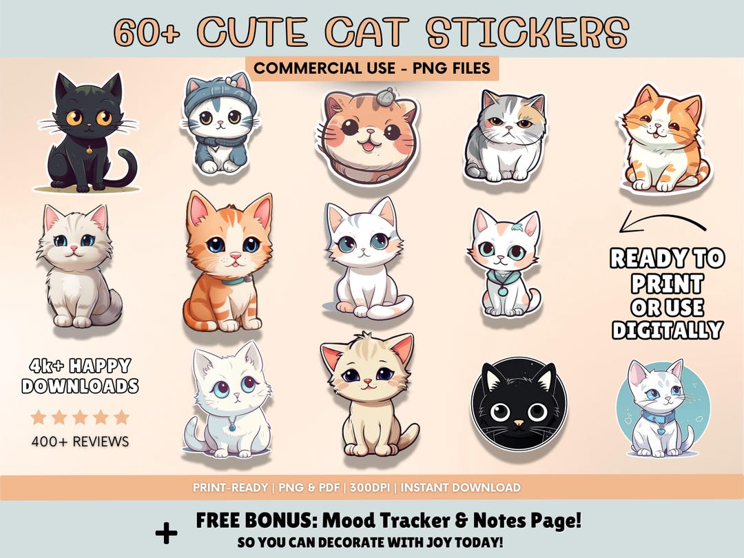Cute Cat Clipart Bundle, Kawaii Cat Digital Stickers PNG, Printable ...