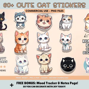 Cute Cat Clipart Bundle, Kawaii Cat Digital Stickers PNG, Printable Kitty Illustrations, Pet Planner Stickers, Instant Download