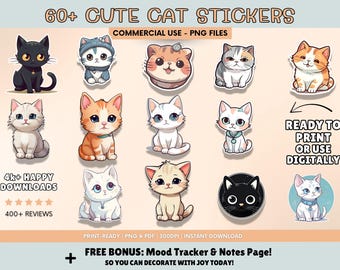 Cute Cat Clipart Bundle, Kawaii Cat Digital Stickers PNG, Printable Kitty Illustrations, Pet Planner Stickers, Instant Download