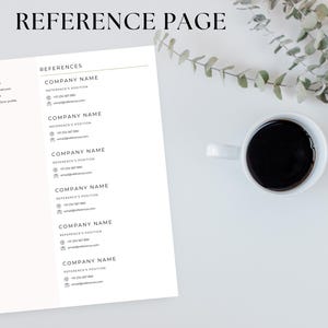 May include: A white reference page document featuring a header that reads REFERENCE PAGE, a contact section on the left, and a list of six professional references with placeholders for company names, positions, phone numbers, and email addresses.