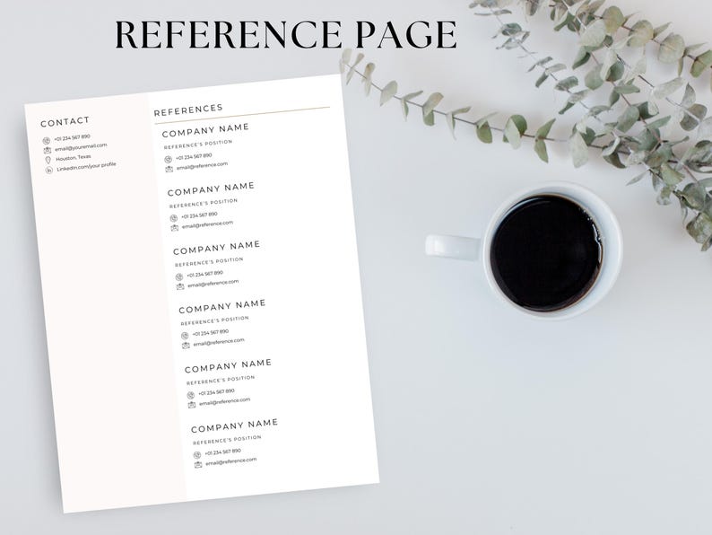 May include: A white reference page document featuring a header that reads REFERENCE PAGE, a contact section on the left, and a list of six professional references with placeholders for company names, positions, phone numbers, and email addresses.
