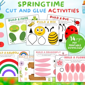 May include: A colourful printable activity set titled "Springtime Cut and Glue Activities." The set includes instructions to build a frog, bee, bug, rainbow, dragonfly, and flower. The set is a 14-page PDF download.