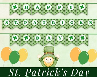 St. Patrick's Day Banner Printable, Happy St. Patrick's Day Decorations, Green Shamrock Lucky Banner Clover March Classroom Home Party Decor