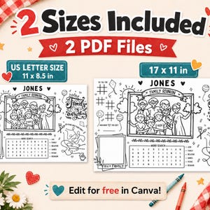 May include: Two printable activity sheets for a family reunion, featuring a central illustration of a family in a frame, a word search, a maze, and a blank photo box. The text reads Jones Family Reunion and Family is everything. Sizes are 27.9 x 21.6 cm and 43.2 x 27.9 cm.
