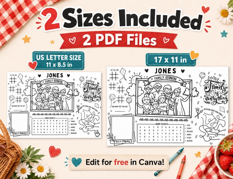 May include: Two printable activity sheets for a family reunion, featuring a central illustration of a family in a frame, a word search, a maze, and a blank photo box. The text reads Jones Family Reunion and Family is everything. Sizes are 27.9 x 21.6 cm and 43.2 x 27.9 cm.
