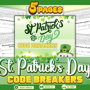 Könnte beinhalten: Ein druckbares Set zum Thema St. Patrick's Day mit dem Text "St. Patrick's Day Code Breakers" in Grün und Weiß. Das Bild enthält fünf Seiten mit Rätseln zum Entschlüsseln von Codes und Illustrationen von Kobolden und Kleeblättern.