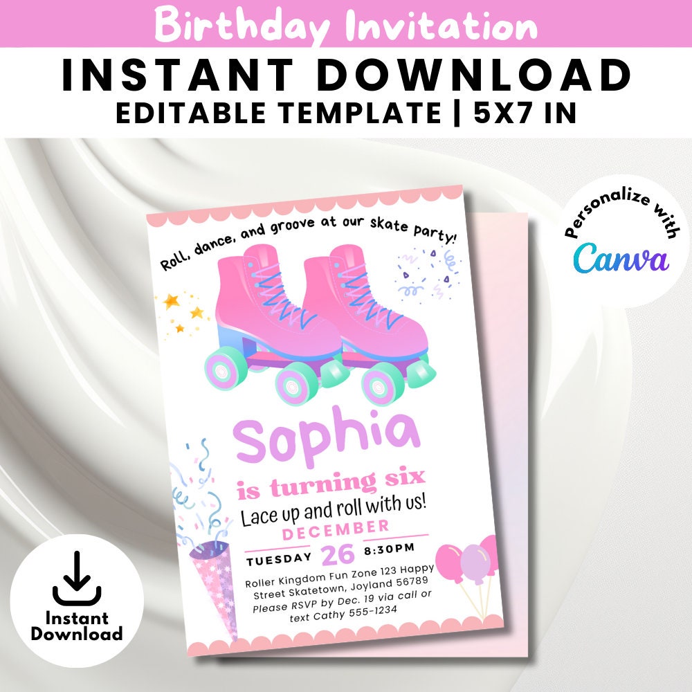 roller-skate-birthday-invitation-any-age-roller-skate-birthday-party-invite-roller-skating-party-invitation-girl-editable-canva-template-etsy
