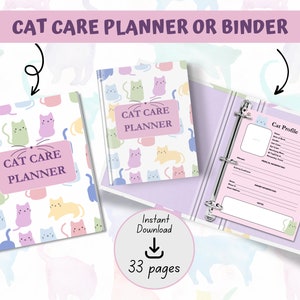 May include: A printable cat care planner or binder with a pink and white cover featuring a repeating pattern of colorful cats. The planner has 33 pages and includes a cat profile page.