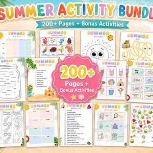 May include: A digital summer activity bundle featuring 200+ pages and bonus activities. The collection includes printable sheets with meal planners, scavenger hunts, dot-to-dot puzzles, mazes, bucket lists, reading bookmarks, and I spy games.