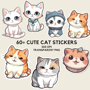 cute cat clipart digital stickers png bundle, kawaai cat printable stickers, kitty cat pet illustrations, planner supplies, instant download