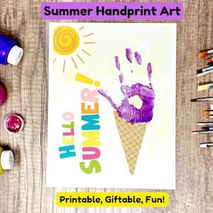 Summer Handprint Art Printable, Ice Cream Cone Craft, Baby Keepsake Kids Craft, Daycare Toddler Preschool Summer Craft Hello Summer Activity