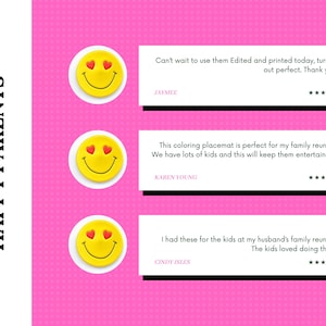 May include: A graphic display on a pink background with the vertical text HAPPY PARENTS. Three white rectangular boxes contain customer reviews, each preceded by a yellow smiley face icon with red heart eyes and five black stars.