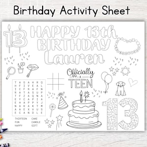 May include: Black and white birthday activity sheet with the text "Birthday Activity Sheet" at the top. The sheet includes the text "Happy 13th Birthday Lauren", a word search, a maze, and various illustrations.