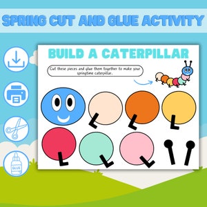 Spring Cut & Glue Build a Caterpillar Activity, Cut and Glue Printable Kids, Preschool Activities Fine Motor Skills Activity Scissor Skills