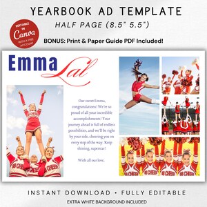 May include: Yearbook ad template, half-page size 8.5 x 5.5 inches, featuring a cheerleader theme. The design includes photos of cheerleaders in red and white uniforms, with the name "Emma Lal" in a stylized font. The ad is fully editable and available for instant download.