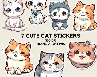 cute cat clipart digital stickers png bundle, kawaai cat printable stickers, kitty cat pet illustrations, planner supplies, instant download