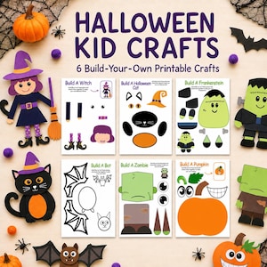 May include: A set of 6 printable Halloween kid crafts featuring build-your-own templates for a witch, cat, Frankenstein, bat, zombie, and pumpkin. The collection includes cut-out shapes for assembly, displayed with finished paper characters.