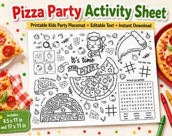 Mantel individual personalizado para fiestas de cumpleaños con temática de pizza, mantel individual para colorear, manualidades para niños, juego de fiesta imprimible para niños, personalizable en Canva.