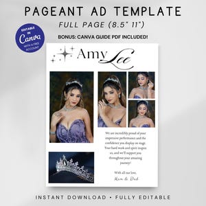 以下が含まれることがあります： 「Amy Lee」のテキストと、紫色のドレスとティアラを着た女性の写真が掲載されたページェント広告テンプレート。広告はCanvaで完全に編集可能で、ボーナスCanvaガイドPDFが含まれています。サイズは21.6cm x 27.9cmです。