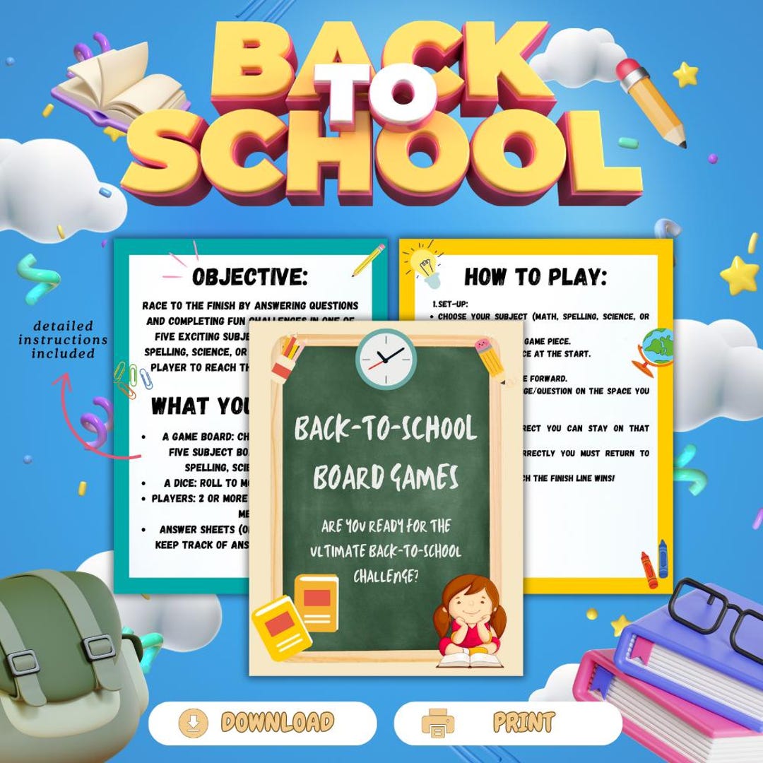 Printable Back to School Game, Kids Board Game, School Subject Memory ...