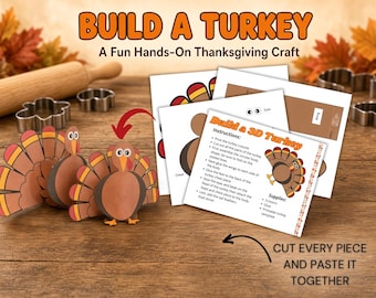 Puede incluir: Un kit de manualidades Build a Turkey con plantillas de papel impresas para ensamblar figuras de pavo en 3D. El conjunto incluye hojas de instrucciones con texto, formas recortadas para plumas, cuerpos y picos, y dos modelos de papel montados.