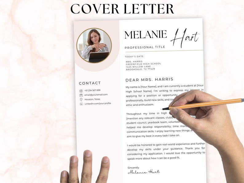 May include: A professional cover letter template featuring a pale pink sidebar with a circular headshot placeholder, contact icons, and black text. The document includes fields for name, professional title, address, and body text, with a signature line.