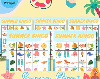 Summer Bingo Cards Kids Printable Fun Summer Games, Summer Activities, Beach Bingo, Summer Camp Games, Summer Vacation Birthday Travel Games