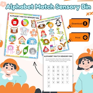 Tarjetas de contenedor sensorial del alfabeto, actividad de coincidencia de alfabetos, actividades de aprendizaje para niños pequeños, coincidencia de alfabetos imprimible, actividades sensoriales preescolares