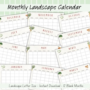 K&ouml;nnte beinhalten: Ein druckbarer Landschaftskalender mit 12 leeren Monaten. Jeder Monat ist mit einer anderen Aquarell-Illustration von Gem&uuml;se und Obst verziert. Der Kalender tr&auml;gt den Titel "Monatlicher Landschaftskalender" und lautet "Querformat Briefgr&ouml;&szlig;e - Sofort-Download - 12 leere Monate".