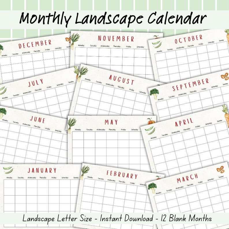 K&ouml;nnte beinhalten: Ein druckbarer Landschaftskalender mit 12 leeren Monaten. Jeder Monat ist mit einer anderen Aquarell-Illustration von Gem&uuml;se und Obst verziert. Der Kalender tr&auml;gt den Titel "Monatlicher Landschaftskalender" und lautet "Querformat Briefgr&ouml;&szlig;e - Sofort-Download - 12 leere Monate".