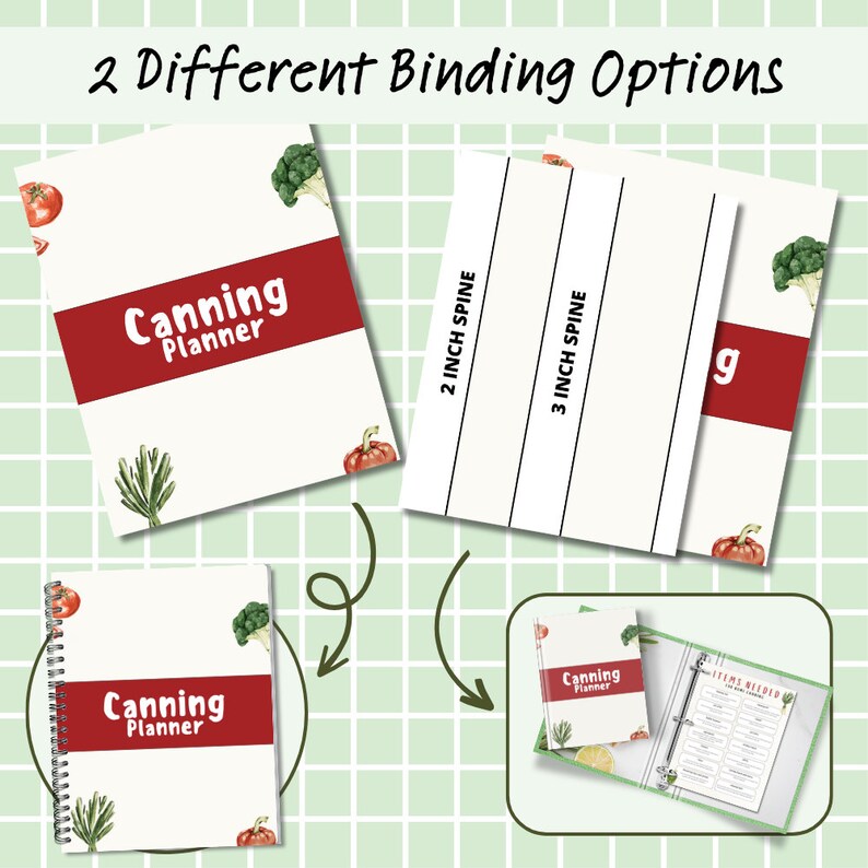 K&ouml;nnte beinhalten: Zwei verschiedene Bindungsoptionen f&uuml;r einen Einmachplaner. Der Planer hat einen roten Einband mit dem Text "Canning Planner" und einer Aquarell-Illustration von Gem&uuml;se. Die erste Option ist eine 2-Zoll-Bindung und die zweite Option ist eine 3-Zoll-Bindung.
