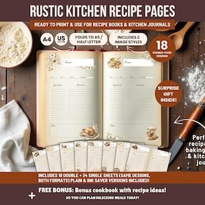 Puede incluir: Libro de recetas abierto con páginas rayadas, detalles florales y el texto "RUSTIC KITCHEN RECIPE PAGES". Incluye hojas de recetas, un cuenco de harina y un cuchillo. Listo para imprimir y usar.