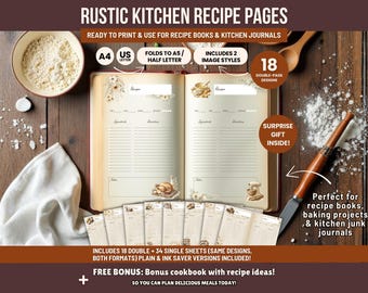 May include: Open recipe book with lined pages, floral accents, and the text "RUSTIC KITCHEN RECIPE PAGES." Includes recipe sheets, a bowl of flour, and a knife. The design is ready to print and use for recipe books and kitchen journals.