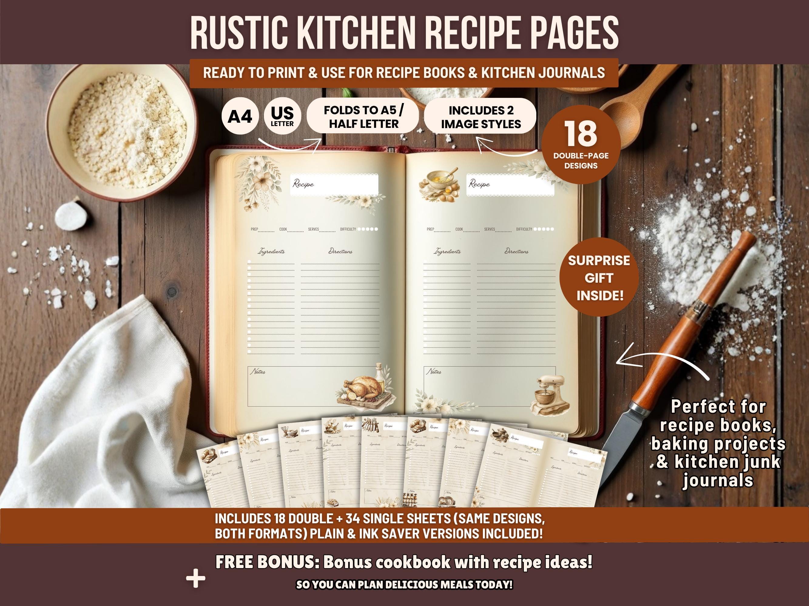 Rustic Kitchen Recipe Pages Printable PDF, Farmhouse Recipe Book ...