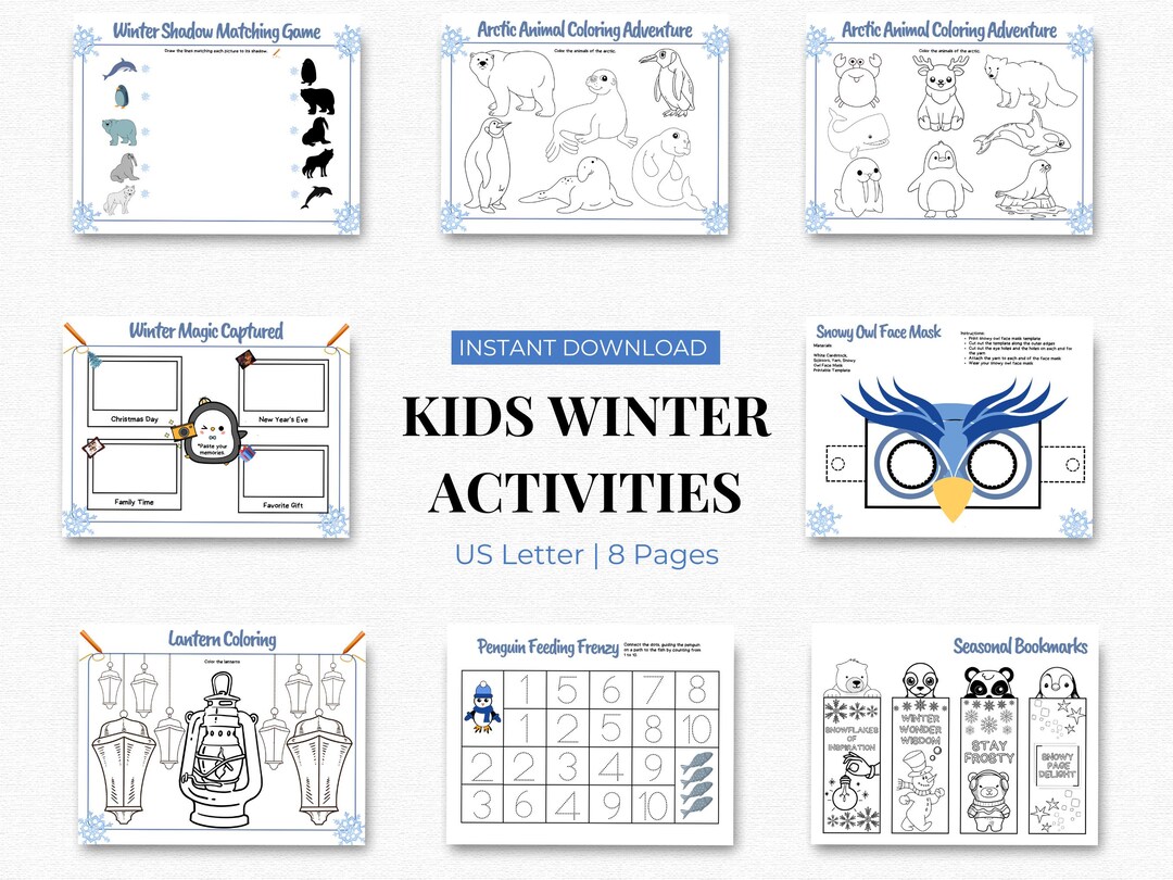 Kids Winter Activities Bundle, Printable Animal Coloring Pages and ...