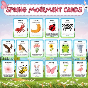 May include: A set of 16 colorful cards with illustrations of animals and plants. Each card features a different movement activity, such as "March like an ant", "Crawl like a caterpillar", "Roll like a ladybug", "Spin like a spider", "Soar like an eagle", "Run like a robin", "Stand like a tulip", "Sway like a sunflower", "Jump like a frog", "Whirl like being blown by the wind", "Buzz like a bee", "Hop like a bunny", "Flutter like a butterfly", "Sprout like a seedling", and "Balance like a flamingo".