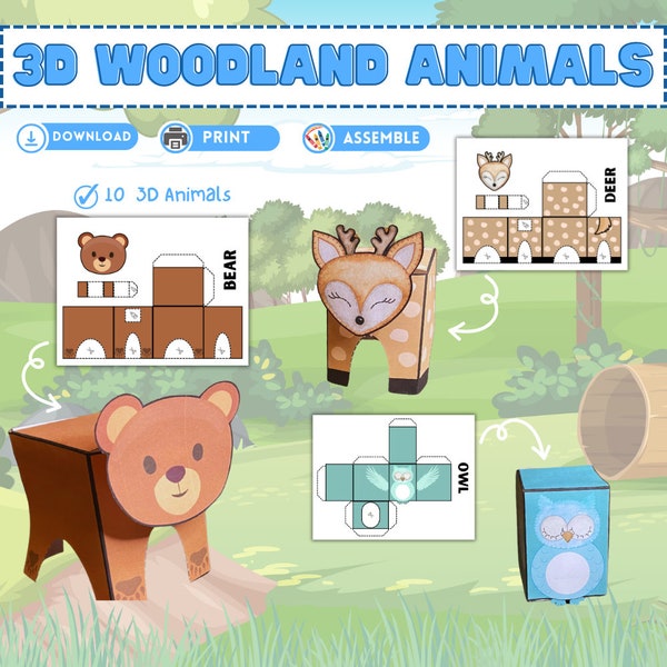 3d Woodland Animal Crafts, Woodland Animal Paper Craft Printable, Forest Birthday Party Kids Cut & Glue Activity, Build a Woodland Animal