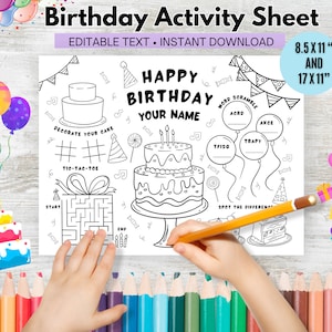 CUSTOM Birthday Party Activity Placemat, Kid Activity, Coloring Page Crafts, Printable Kids Craft DIY Party Game Customizable Canva Download