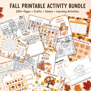 May include: A fall printable activity bundle featuring over 200 pages of crafts, games, and learning activities. The collection includes coloring sheets, word searches, scavenger hunts, and reading logs decorated with autumn leaves and pumpkins.